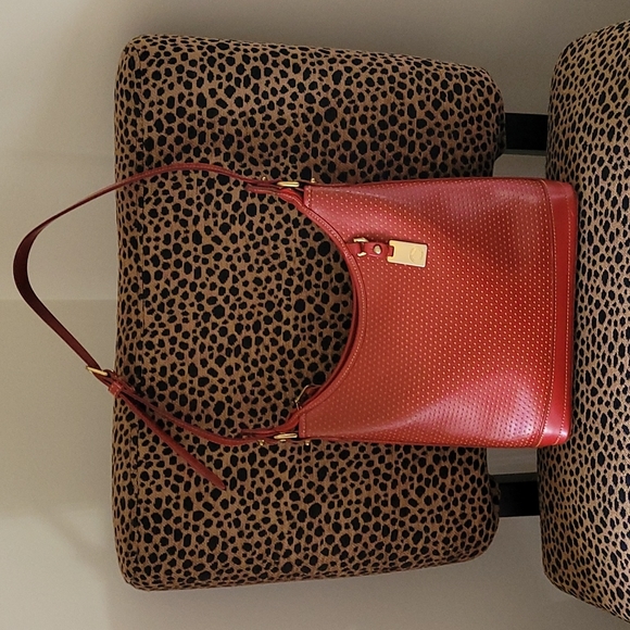Dooney & Bourke Handbags - Dooney & Bourke vintage perforated leather hobo bag red with yellow polk…